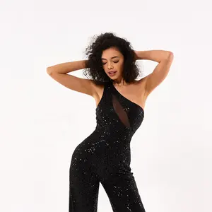 Fashion Lady Clothes Clothing Manufacturers Custom Women 1 Shoulder Sexy See Through Wide Leg Black Sequin Bodycon Jumpsuit