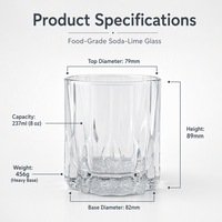 Verre à whisky en cristal transparent épais et durable, écologique, 250 ml, compatible lave-vaisselle, sans plomb, fond épais