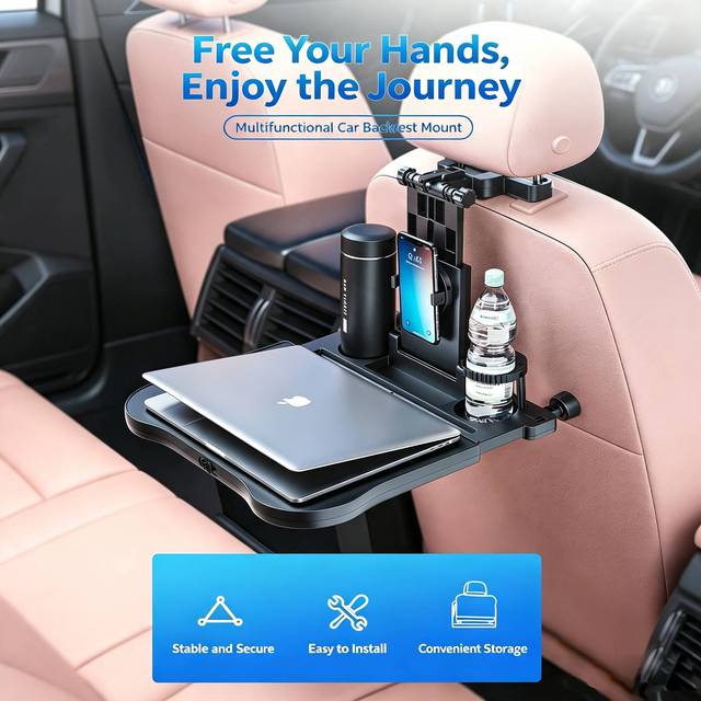 Quick Install Carbon Material Car Rear Seat Laptop Table 350x385mm No Need Remove Headrest Foldable Adjustable Tray Road Trip