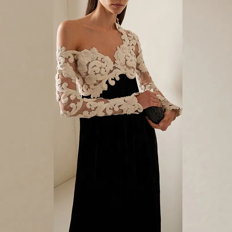 Latest Design Dresses Women Lady Elegant One Shoulder Long Sleeves Lace Velvet Evening Dresses