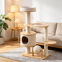 Arbre à chat WoodHaven 112,5 cm en bois d'hévéa massif écologique avec nacelle en sisal et acrylique, boule rotative et perchoirs multi-niveaux en chanvre blanc