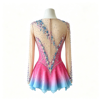 Robe de patinage et de danse pour enfants et adultes, dégradé rose et bleu, manches longues en maille, dos incurvé avec strass, pour compétition et spectacle de patinage sur glace