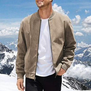 Pantone <b>Men</b> <b>Suede</b> Bomber <b>Jacket</b> Stand Collar Zip up Casual Regular Fit Autumn Outerwear Solid Color Cotton Filled Other Lining - Product Image 2