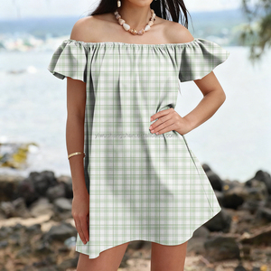 ट्रेंडी कस्टम हैवीयन प्लाड प्रिंट महिलाओं ढीली पोशाक ड्रॉप-कंधे से लैस मिनी महिला छुट्टी के कपड़े - Product Image 5