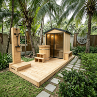 Promotion : Sauna extérieur en bois pour jardin, cabine de sauna domestique en hemlock avec porte vitrée, colonne de douche et baignoire de trempage froid