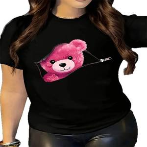 Camiseta con estampado gráfico de oso de peluche, camiseta informal de manga corta con cuello redondo para verano y primavera, ropa de mujer - Product Image 5