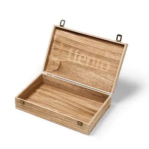 Logo gravé au laser Coffret cadeau en bois Platane avec charnière en métal