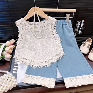 Conjunto de Ropa de Moda de 2 Piezas para <span class=keywords><strong>Niñas</strong></span>: Camisa sin Mangas con Encaje y Borlas + Jeans de Mezclilla - Product Image 2