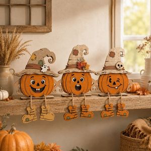 Decoración de mesa de madera de calabaza para Halloween, lindo cartel de Jack O'Lantern con sombrero de bruja y botas colgantes, adorno escalonado para el hogar con temática de cosecha otoñal - Product Image 1