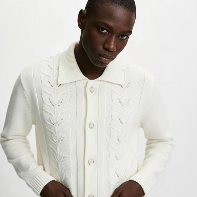 Premium Wool Cashmere Men's Beige Cable Knit Cardigan Gold Button Blazer Collar Sweater Style Custom Logo Service