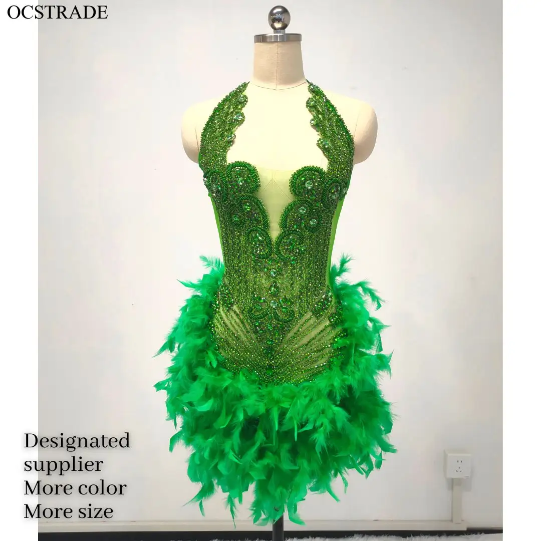Yeni renk parlak yeşil quincedoğum günü elbiseleri kadınlar seksi Rhinestones tüy kristal yeşil lüks Gala kulübü elbise