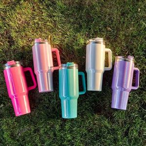40oz Shimmer Sublimation with Plastic Straw Car Stainless Steel Insulated Cup with Handle - Product Image 1
