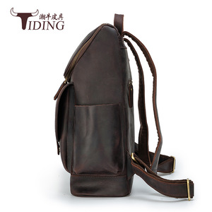 Tiding Crazy Horse Leather <b>Backpack</b> Dark <b>Brown</b> Unisex Outdoor Laptop Bag Top Layer Cowhide Travel Bag - Product Image 3