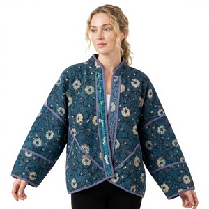 Veste courte matelassée Kantha indienne à imprimé floral, manches classiques, écologique, respirante, 100% coton, automne - Product Image 1