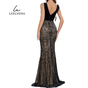 Gaun malam putri duyung simetris rumbai V-Neck elegan wanita kustom gaun malam berpayet beludru bermanik seksi gaun tuan rumah Formal