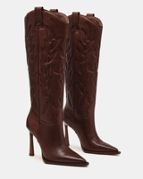 Bottines western à bout pointu et talon aiguille pour femmes, marron, brodées, hauteur genou