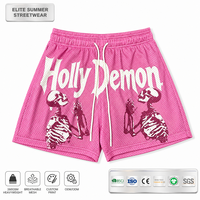 Shorts en maille double couche rose RAMAX 260GSM, motif squelette Holly Demon, streetwear, bas de tenue de basketball, vente en gros
