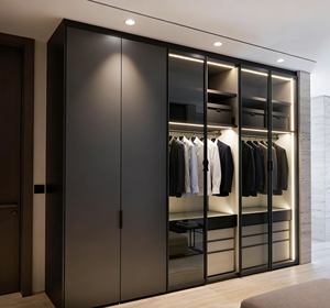 Armoire noire sur mesure avec porte coulissante en verre éclairée par LED et rangement à tiroirs |   Organisateur multi-zones pour chambre à coucher moderne - Product Image 4