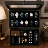 Boîte de rangement pour montres en bois avec couvercle en verre double couche, 12 emplacements pour montres et accessoires, organiseur de tiroir pour montres, boîte à montres en bois de luxe
