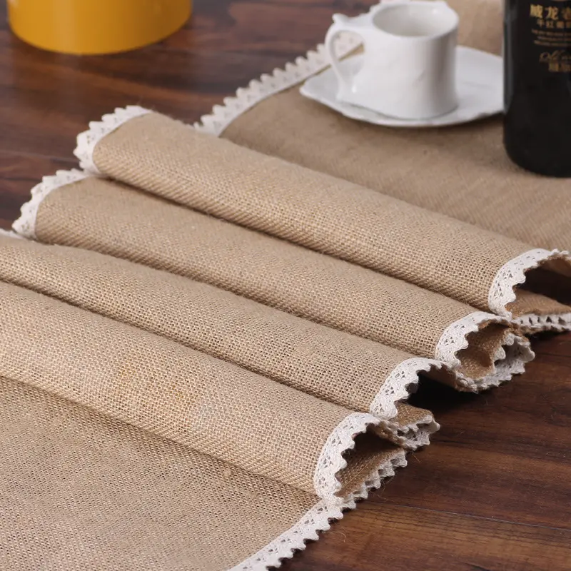 Vintage White Christmas Lace Jute Linen Burlap Country Event Party Supplies Wedding Decoration Table Cloth Runner