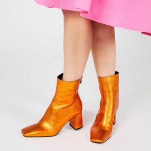 Bright Solid Color Women's Leather Short <b>Boots</b> Square Toe Back Zipper Ankle Booties 6cm Medium Chunky Heels Shoes - Product Image 3