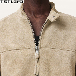 Custom <b>Suede</b> Racer <b>Jacket</b> <b>Men</b> Tan Beige Stand Collar Two Way Zipper Windbreaker Streetwear Outerwear Manufacturers Bulk - Product Image 5