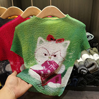 T-shirt d'été plissé en polyester imprimé motif chat mignon, coupe ample et respirante pour femme