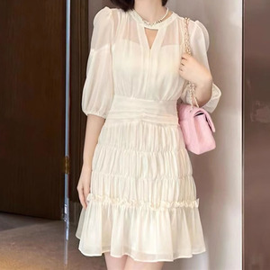 Minivestido plisado de gasa <span class=keywords><strong>transparente</strong></span> blanco de <span class=keywords><strong>manga</strong></span> media para mujer a la moda veraniega personalizado al por mayor - Product Image 3