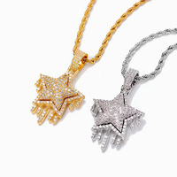 Collier pendentif étoile plaqué or complet pour hommes et femmes, style Iced Out avec pierre en zircon et bijoux hip-hop en laiton