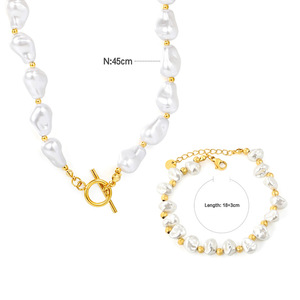 Conjunto de collar y pulsera de perlas irregulares barrocas para mujer, 45cm, 18+3cm, joyería de perlas de agua dulce, estilo francés vintage - Product Image 1