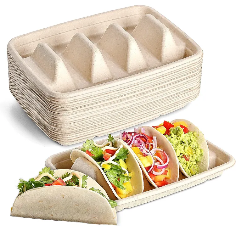 Personalizado descartável takeaway comida titular taco biodegradável para ir caixas taco placa garra bagasse taco comida recipiente