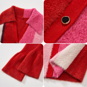 Fabricante de prendas de punto, suéter de punto con bloques de color personalizados, suéter de manga larga, cálido y cómodo para invierno, con cuello en V, para mujer - Product Image 3