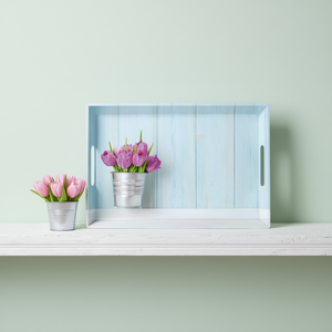 Bandeja de Servir con Diseño de Tulipanes en Color Azul Claro y Acabado de Madera, Bandeja Decorativa con Asas para Decoración del Hogar - Product Image 3