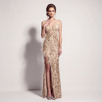 Nouvelle robe de soirée élégante pour femmes, longue, avec bretelles spaghetti, décoration en plumes, paillettes, fente haute pour robe de soirée