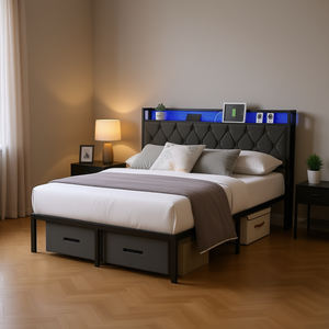 Lit plateforme entièrement rembourré DB avec station de charge LED, cadre en métal, tiroirs de rangement, design moderne, aucun sommier tapissier requis - Product Image 2