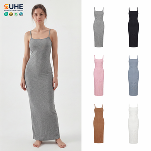 SUHE Women's Sexy Solid Embroidery Floor-Length Modal Anti-Wrinkle Spaghetti Strap <b>Slip</b> Dress Soft Straight Knitted Neck - Product Image 1
