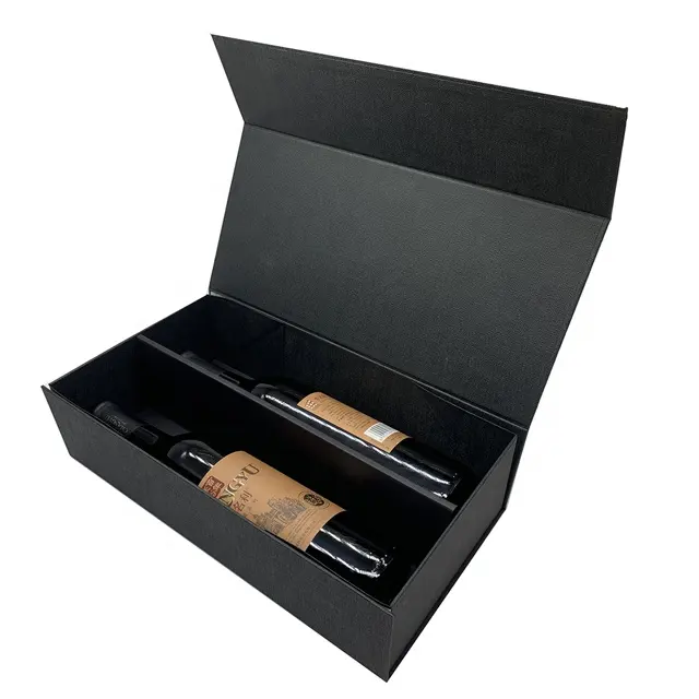 Luxury black linen cardboard gift box for wine bottles custom logo wine gift set gift box packaging