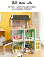 Rumah Boneka Kayu Gaya Kartun Model Mini Edukatif DIY Furnitur Simulasi Kayu Grosir Kustom Villa Elevator Bercahaya