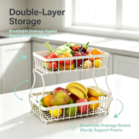 Panier à fruits carré blanc à 2 niveaux en métal, paniers de rangement décoratifs pour la cuisine, les boissons, les aliments et les légumes