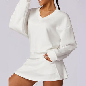 Vente en gros Sweat-shirts blancs à manches longues pour femmes Sweat-shirt à capuche et col en V de sport - Product Image 2