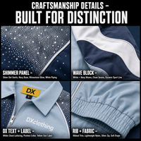 Veste de survêtement personnalisée bleu marine à motifs ondulés et strass, 420 g/m², avec bordure côtelée tricolore et fermeture éclair rétro, pour marques et fabricants OEM