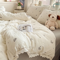 Nouvel ensemble de literie en gaze double froissée effet nuage 2026, 100 % coton avec bordure en dentelle, plusieurs couleurs florales disponibles, vente en gros de textiles de maison