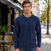 Chemise Henley en tricot gaufré pour homme, manches longues, 3 boutons, noir uni, coupe classique, automne-hiver, streetwear, vente en gros
