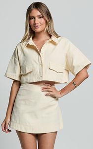 Personalizado Botão Frente Canvas Crop Shirt Mini Saia Curta Vestuário Fábrica Co Ord Combinando Conjunto de 2 Peças das Mulheres - Product Image 2