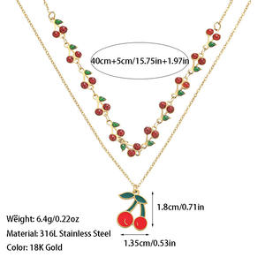 可爱樱桃吊坠项链时尚不锈钢双层链批发N2011162 - Product Image 2