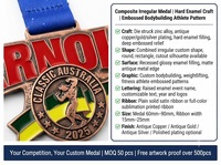 Médaille personnalisée irrégulière en alliage de zinc émaillé souple, gravée au laser, durable, plaquée bronze antique, pour compétition de musculation