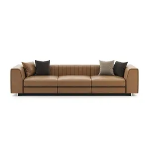 Lüks İtalya tarzı Tan kahverengi deri 3 koltuklu kanepe paslanmaz çelik bacaklar oturma odası mobilya kanepe seti