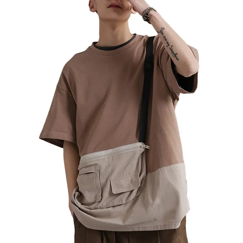 Streetwear t-shirt con tasca frontale da uomo a manica corta Color Block con fibbia