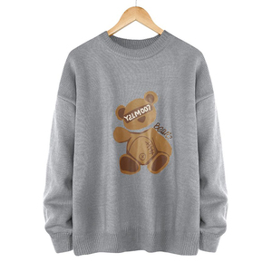 Sweater Pullover pria, Sweater rajutan kasual leher Crew motif kartun beruang untuk lelaki