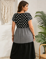 Robe décontractée à volants pour femmes, grande taille, imprimé pois noir et blanc, patchwork gingham, manches courtes à volants, robe d'été